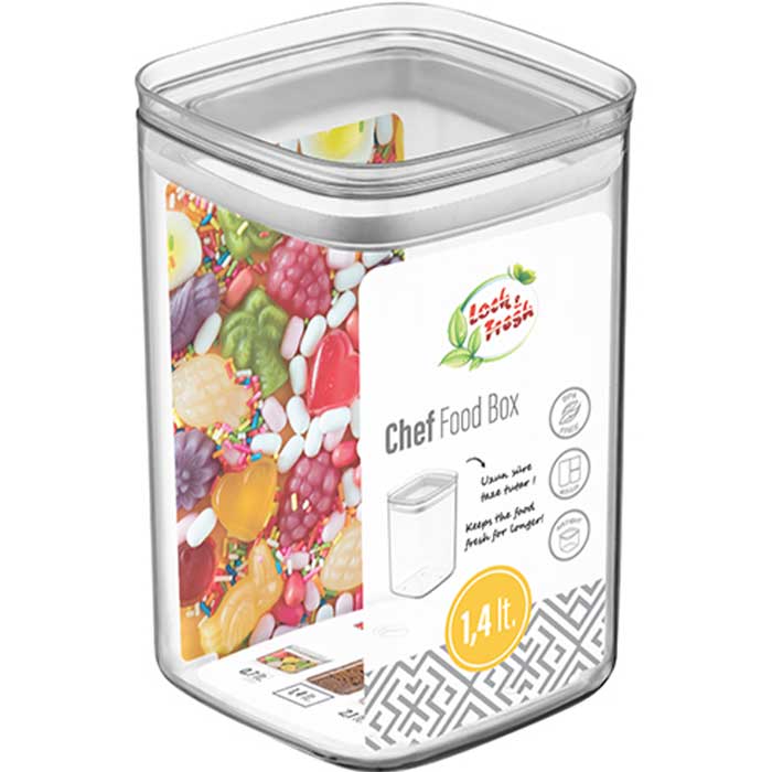 Kuivainepurk Chef 1,4l SKU 31151. Läbipaistev hoiupurk kööki, kaasas musta värvi. Mõõdud 10,5x10,5x16,7cm.