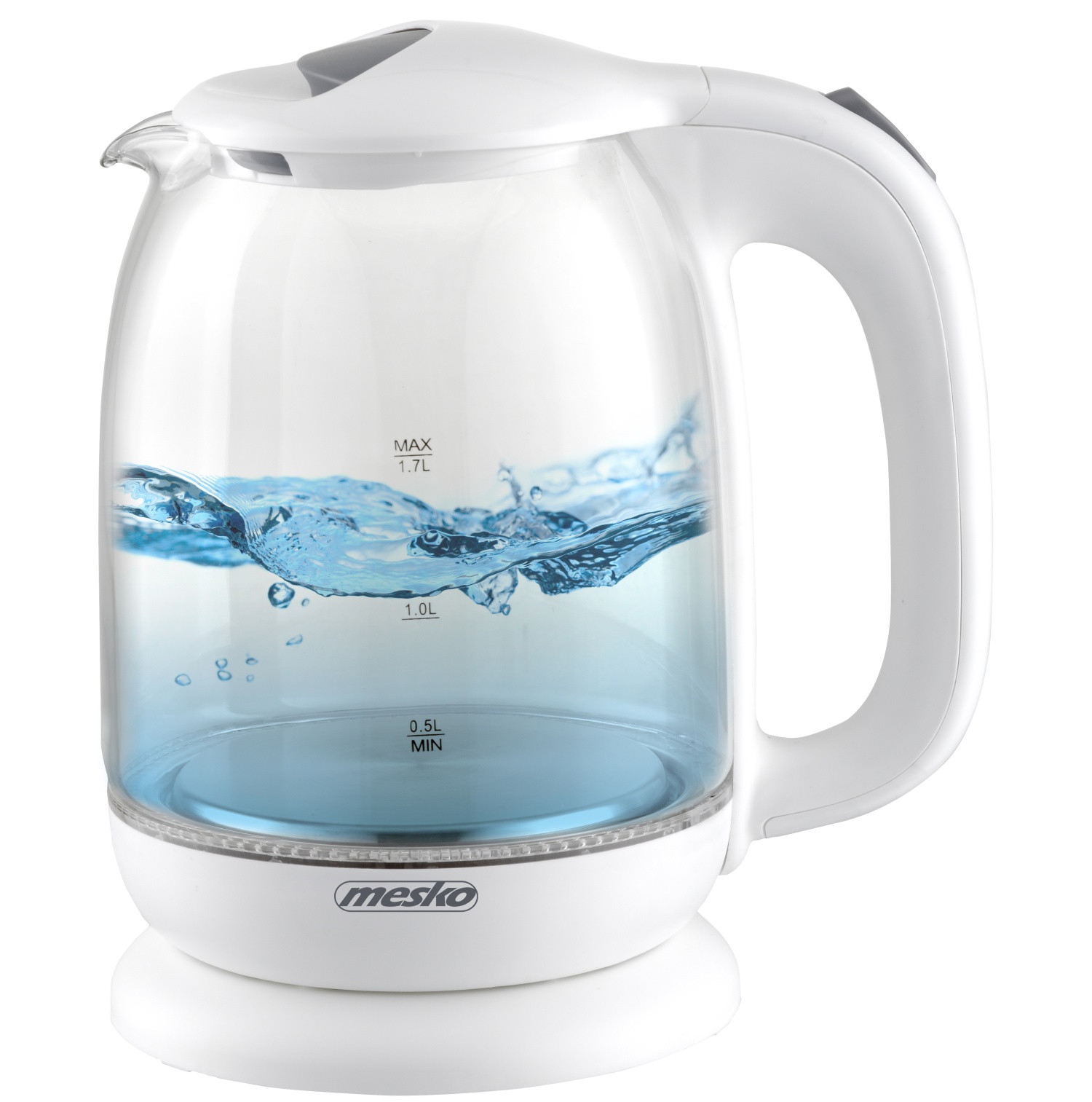 Valge klaasist veekeetja Mesko 2200W, 1,7L (MS1302W) elegantseks vee keetmiseks.