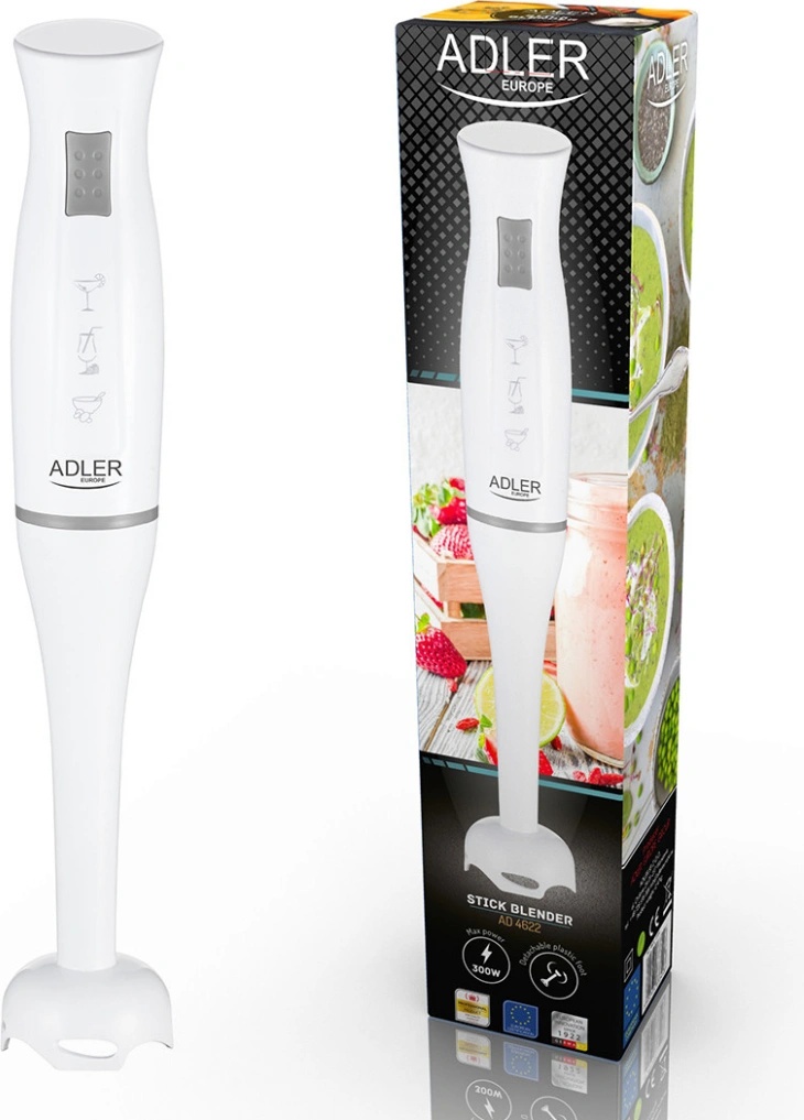 Valge saumikser Adler 300W (AD4622) mugavaks smuutide ja püreesuppide valmistamiseks köögis.